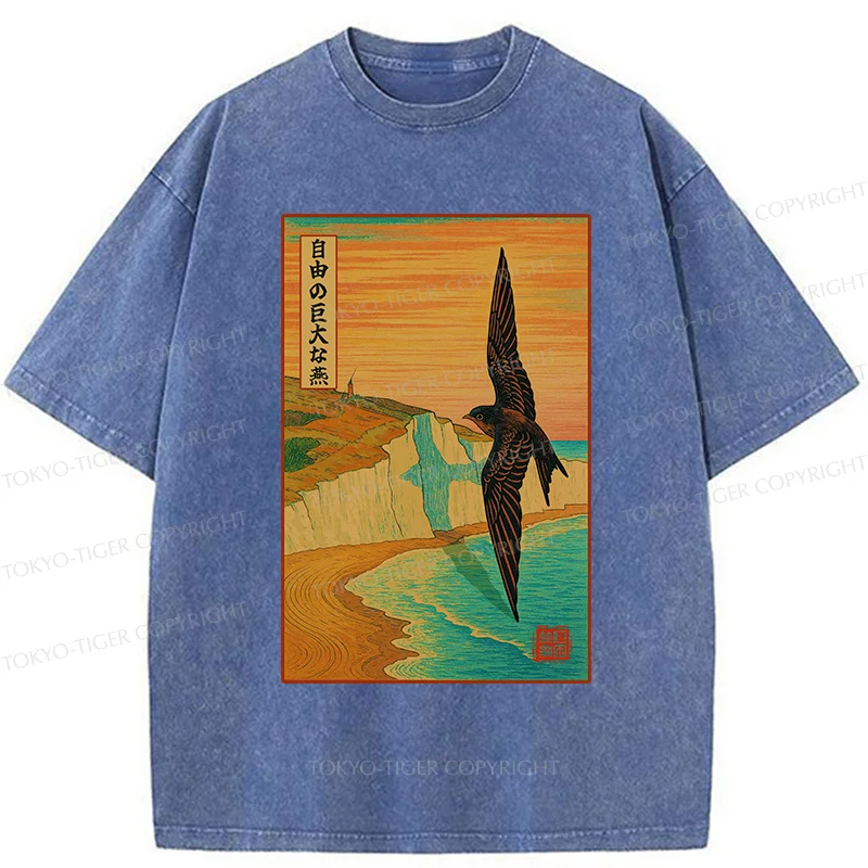 Tokyo-Tiger Large And Unconstrained Swallow Washed T-Shirt