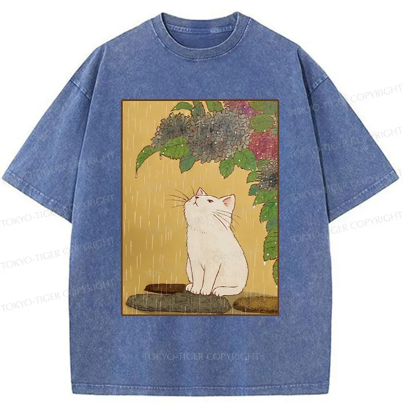 Tokyo-Tiger Cat Enjoying Flowers Washed T-Shirt