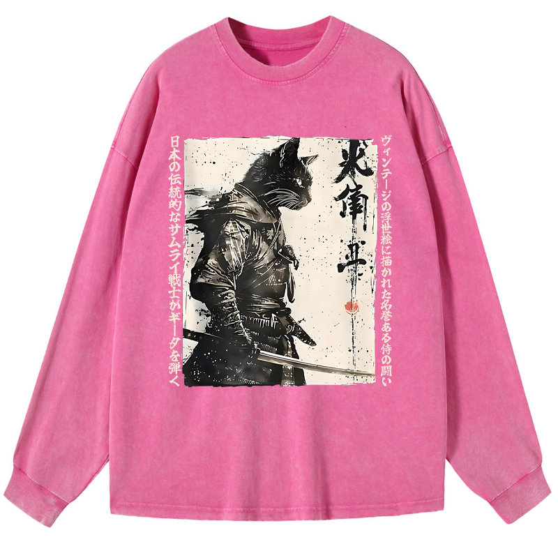 Tokyo-Tiger Cat Samurai Retro Washed Long Sleeve T-Shirt
