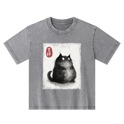 Tokyo-Tiger Auspicious Fluffy Black Cat Ink Painting Kids Washed T-Shirt