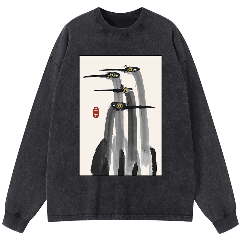 Tokyo-Tiger Japanese Crane Poster Washed Long Sleeve T-Shirt