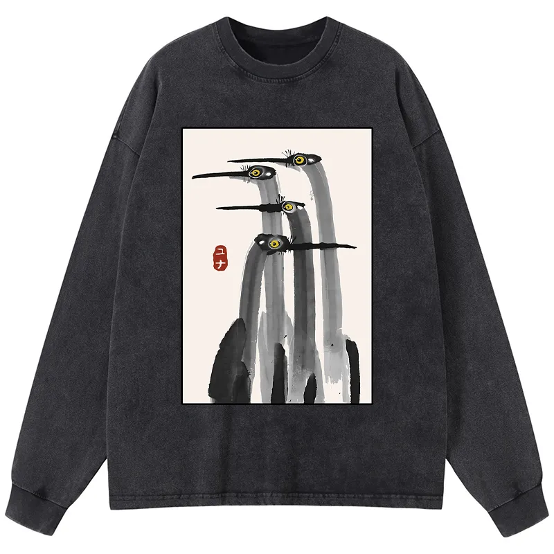 Tokyo-Tiger Japanese Crane Poster Washed Long Sleeve T-Shirt
