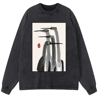 Tokyo-Tiger Japanese Crane Poster Washed Long Sleeve T-Shirt