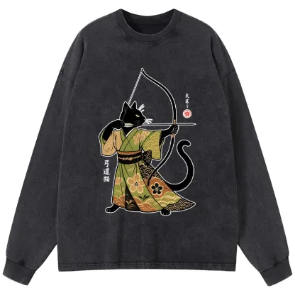 Tokyo-Tiger Japan Cat Archery Washed Long Sleeve T-Shirt