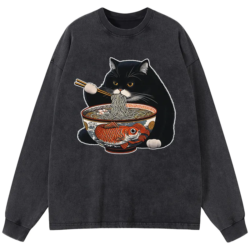 Tokyo-Tiger Fat Cat Eating Ramen Washed Long Sleeve T-Shirt