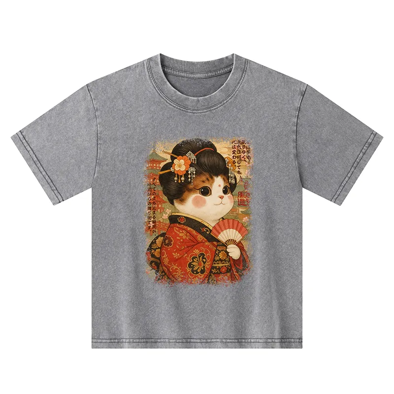 Tokyo-Tiger Ukiyoe Japanese Cat Princess Kids Washed T-Shirt