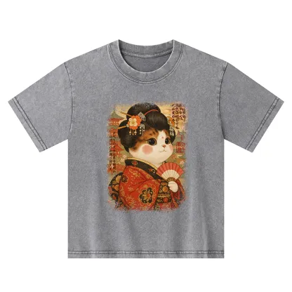 Tokyo-Tiger Ukiyoe Japanese Cat Princess Kids Washed T-Shirt
