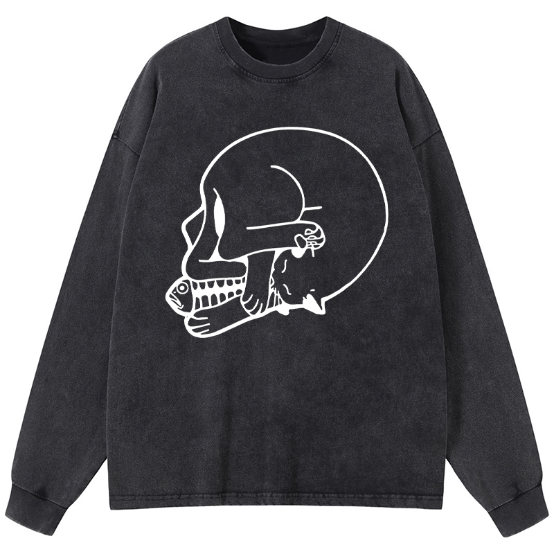 Tokyo-Tiger Funny Cat Eating Fish Washed Long Sleeve T-Shirt