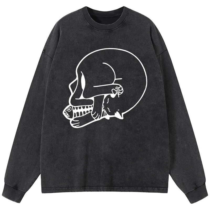 Tokyo-Tiger Funny Cat Eating Fish Washed Long Sleeve T-Shirt