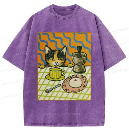 Tokyo-Tiger Cat Waiting For Afternoon Tea Washed T-Shirt