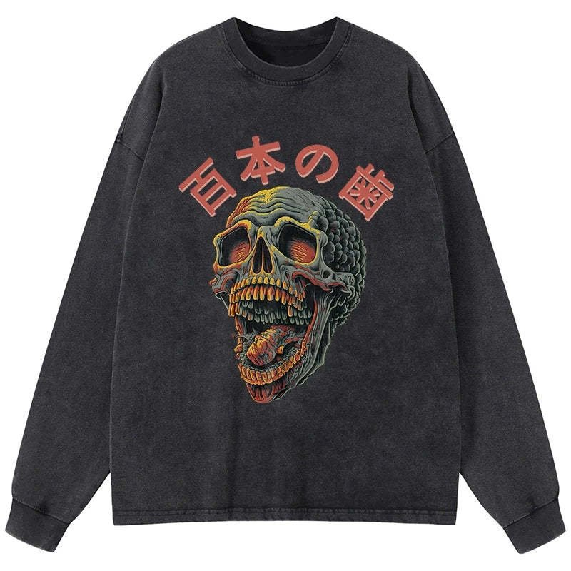 Tokyo-Tiger Terrifying And Disgusting Skull Washed Long Sleeve T-Shirt Sale