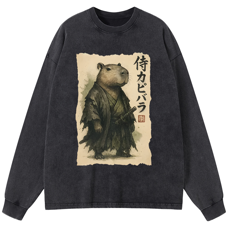 Tokyo-Tiger Capybara Samurai Washed Long Sleeve T-Shirt