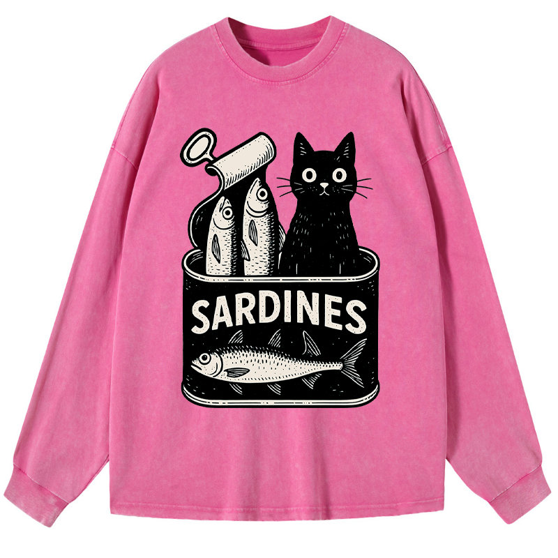 Tokyo-Tiger Cat And Canned Fish Washed Long Sleeve T-Shirt