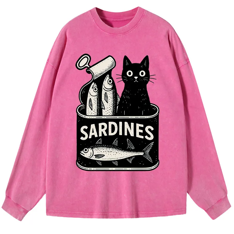 Tokyo-Tiger Cat And Canned Fish Washed Long Sleeve T-Shirt