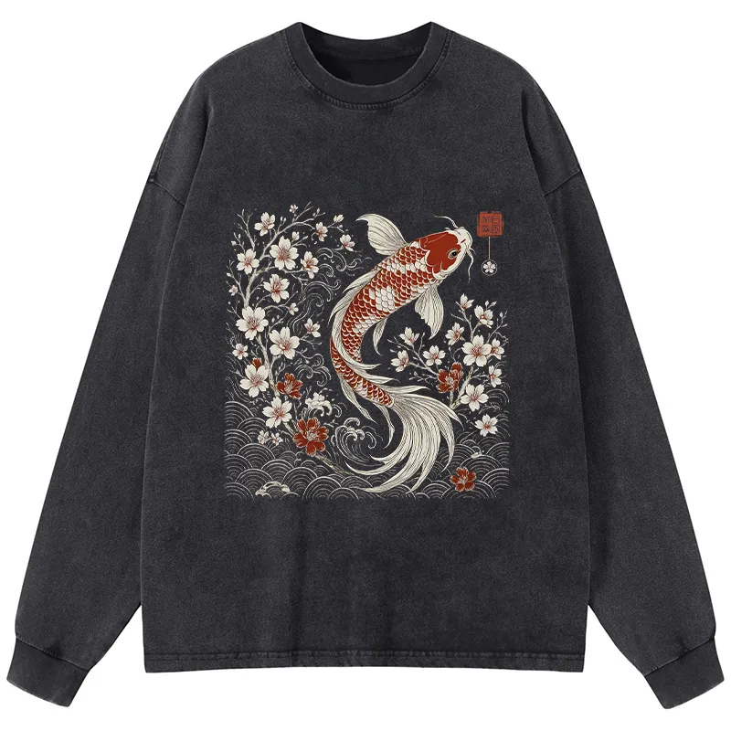 Tokyo-Tiger Vintage Sakura And Koi Washed Long Sleeve T-Shirt