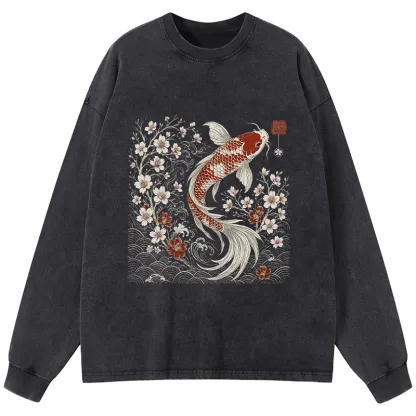 Tokyo-Tiger Vintage Sakura And Koi Washed Long Sleeve T-Shirt