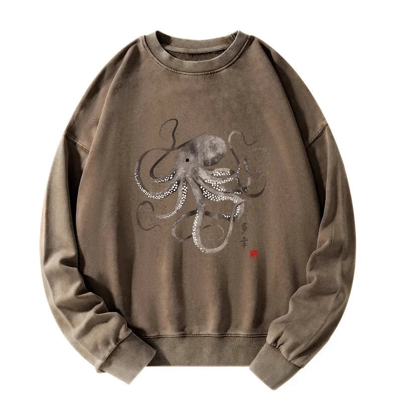 Tokyo-Tiger Octopus Japanese Calligraphy Washed Sweatshirt