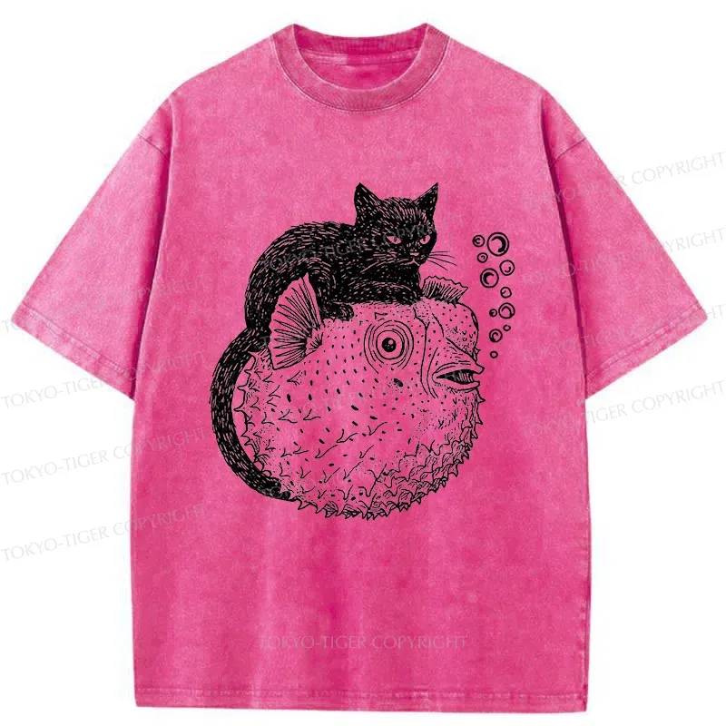 Tokyo-Tiger Black Cat Riding A Pufferfish Washed T-Shirt