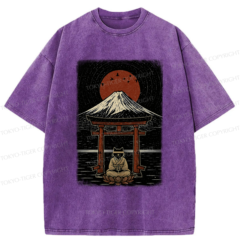 Tokyo-Tiger Samurai Cat In Meditation Washed T-Shirt
