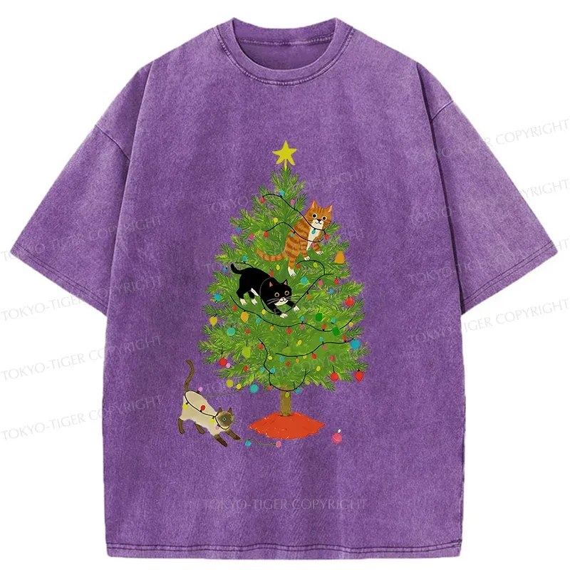 Tokyo-Tiger Cats Playing On The Christmas Tree Washed T-Shirt