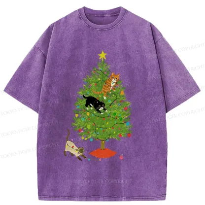 Tokyo-Tiger Cats Playing On The Christmas Tree Washed T-Shirt
