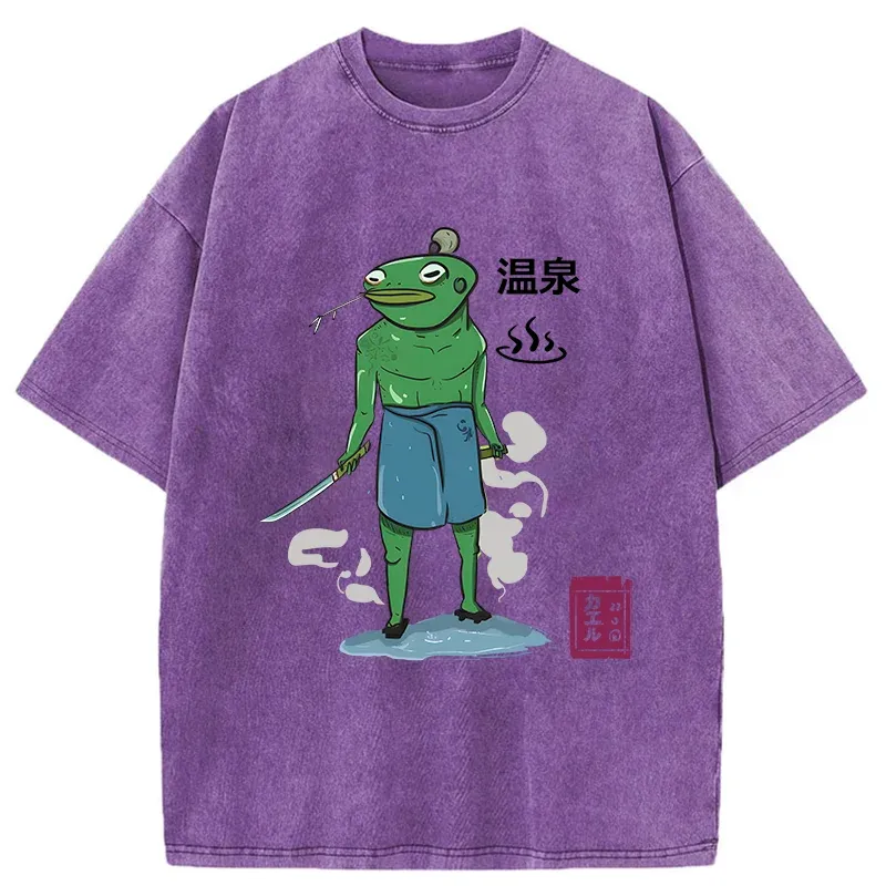 Tokyo-Tiger Frog Samurai Bathing In Hot Spring Washed T-Shirt