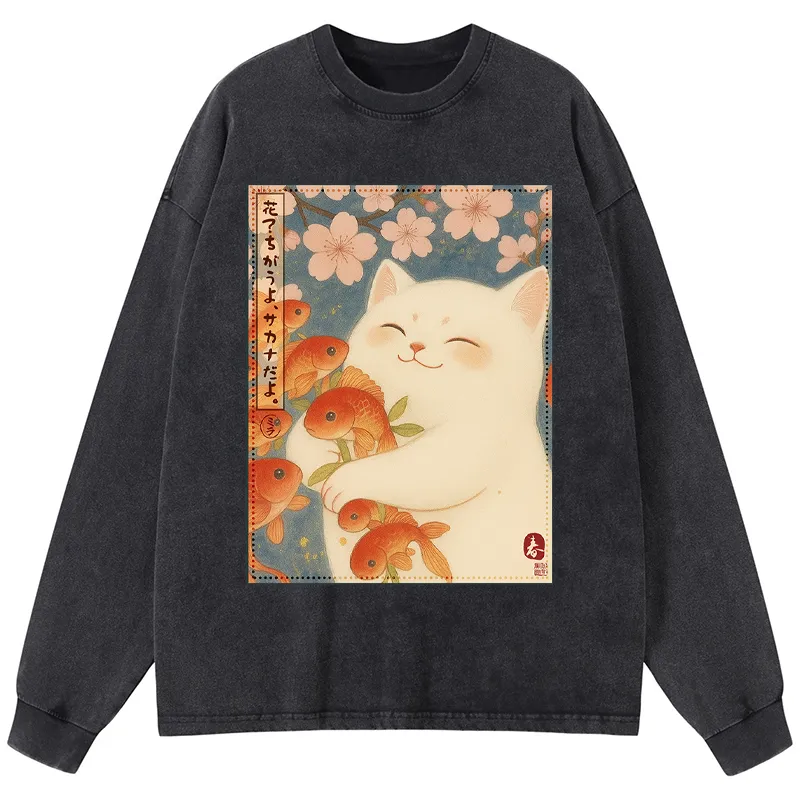 Tokyo-Tiger Funny Ukiyoe Cat and Fish Flower Washed Long Sleeve T-Shirt