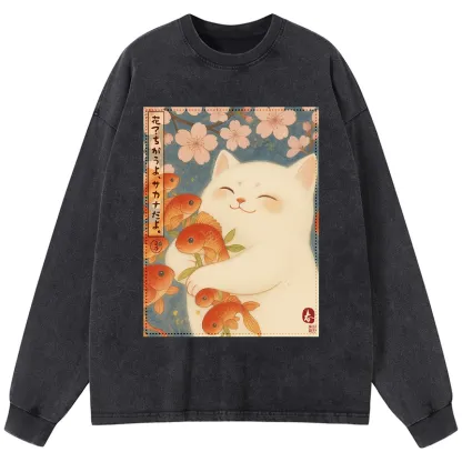 Tokyo-Tiger Funny Ukiyoe Cat and Fish Flower Washed Long Sleeve T-Shirt