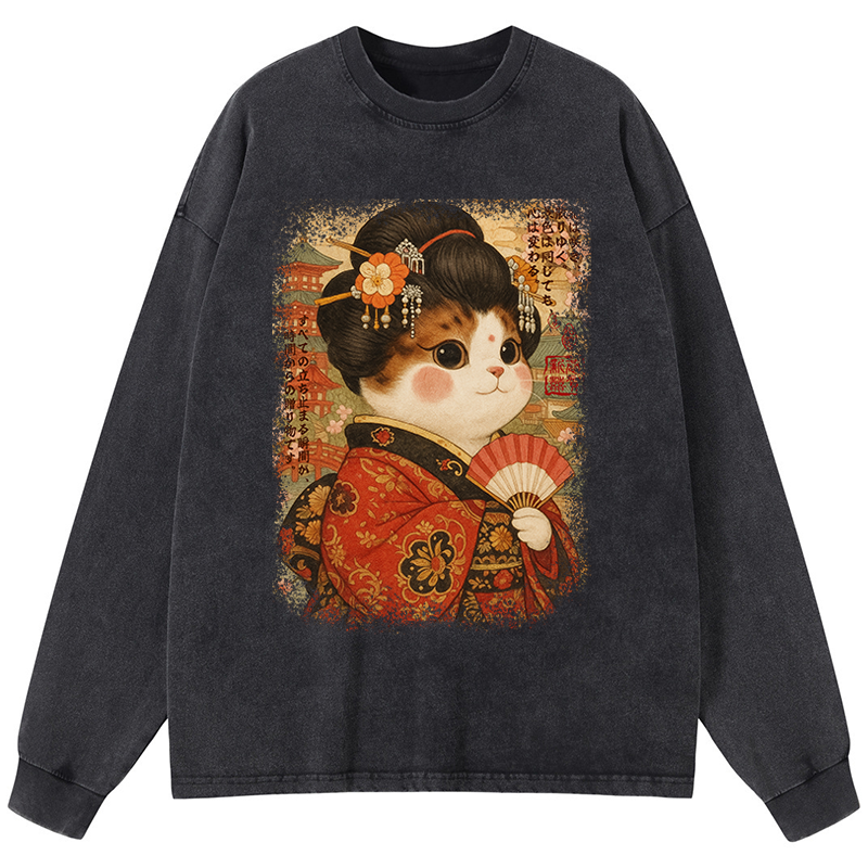 Tokyo-Tiger Ukiyoe Japanese Cat Princess Washed Long Sleeve T-Shirt