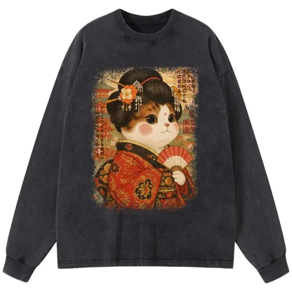Tokyo-Tiger Ukiyoe Japanese Cat Princess Washed Long Sleeve T-Shirt