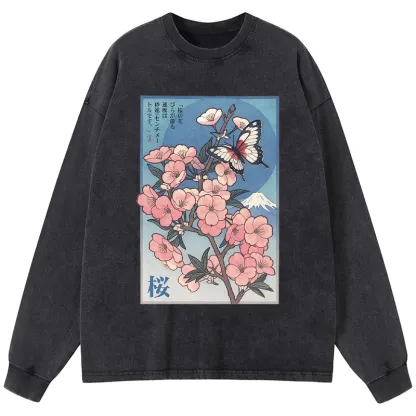 Tokyo-Tiger Ukiyoe Japanese Cherry blossoms Poster Washed Long Sleeve T-Shirt