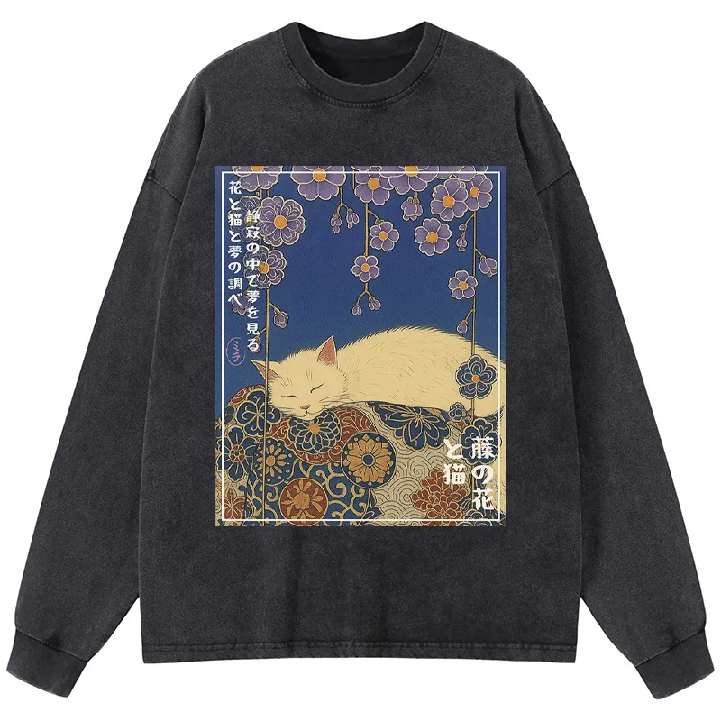 Tokyo-Tiger Ukiyoe Wisteria Flowers and Cats Washed Long Sleeve T-Shirt