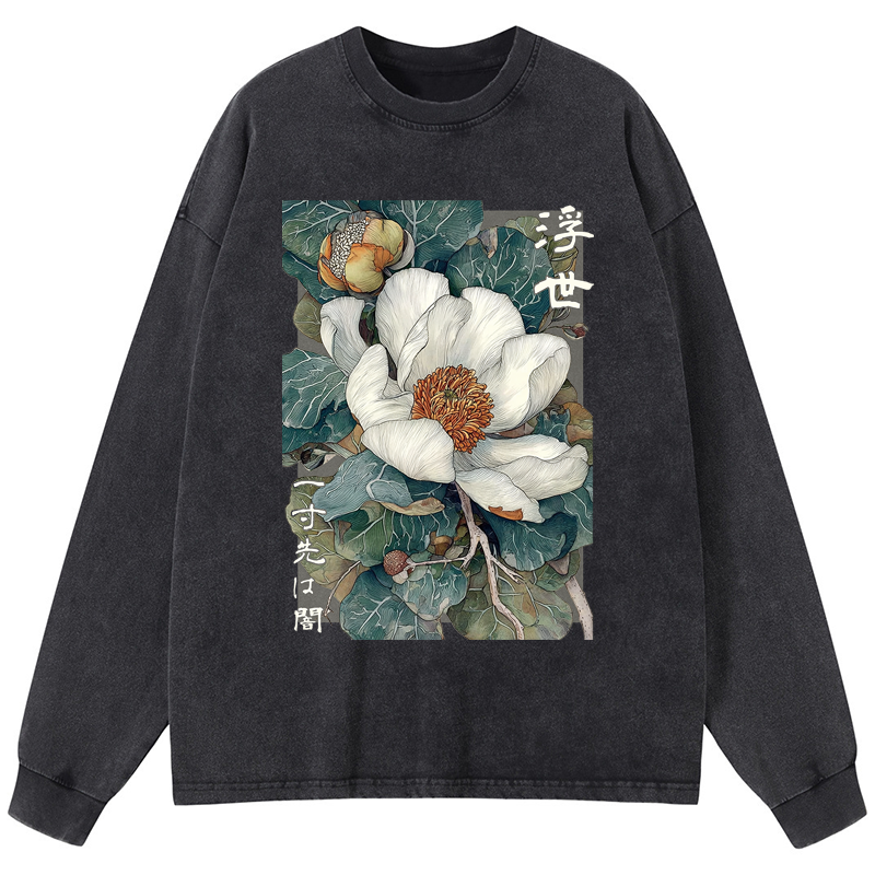 Tokyo-Tiger Ukiyoe Magnolia Flower Poster Washed Long Sleeve T-Shirt