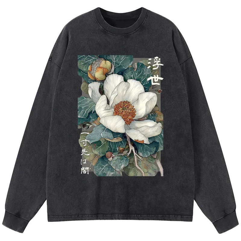 Tokyo-Tiger Ukiyoe Magnolia Flower Poster Washed Long Sleeve T-Shirt