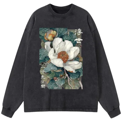 Tokyo-Tiger Ukiyoe Magnolia Flower Poster Washed Long Sleeve T-Shirt