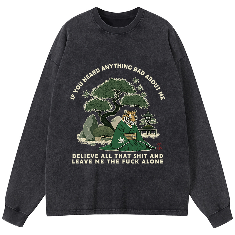 Tokyo-Tiger Funny Ukiyoe Tiger Samurai Zen Washed Long Sleeve T-Shirt