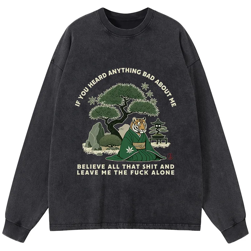 Tokyo-Tiger Funny Ukiyoe Tiger Samurai Zen Washed Long Sleeve T-Shirt