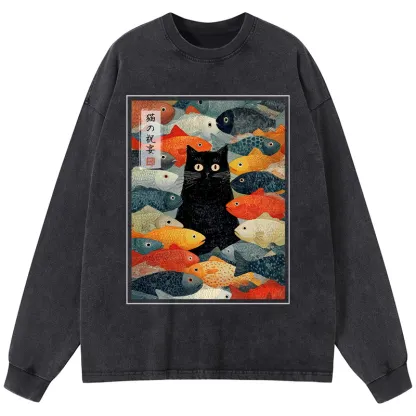 Tokyo-Tiger The Cat's Feast of Fish Washed Long Sleeve T-Shirt