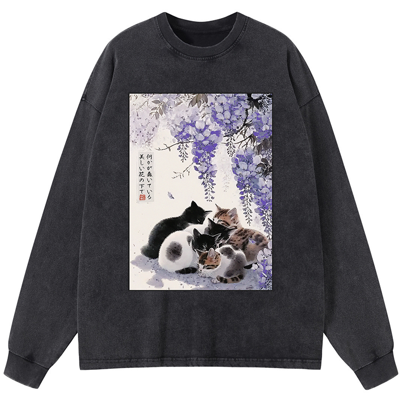 Tokyo-Tiger Cats plotting under the wisteria Washed Long Sleeve T-Shirt