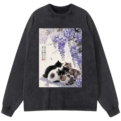 Tokyo-Tiger Cats plotting under the wisteria Washed Long Sleeve T-Shirt