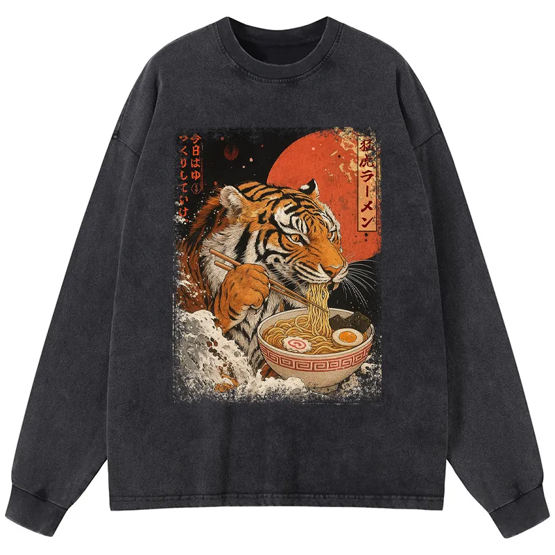 Tokyo-Tiger Ukiyoe Japan Tiger Eating Ramen Washed Long Sleeve T-Shirt