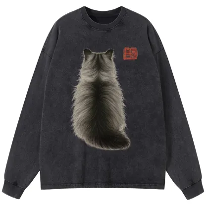 Tokyo-Tiger Cat's Back Ink Painting Washed Long Sleeve T-Shirt