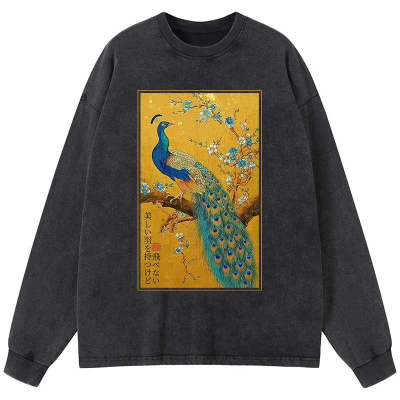 Tokyo-Tiger The Peacock's Silent Elegance Washed Long Sleeve T-Shirt