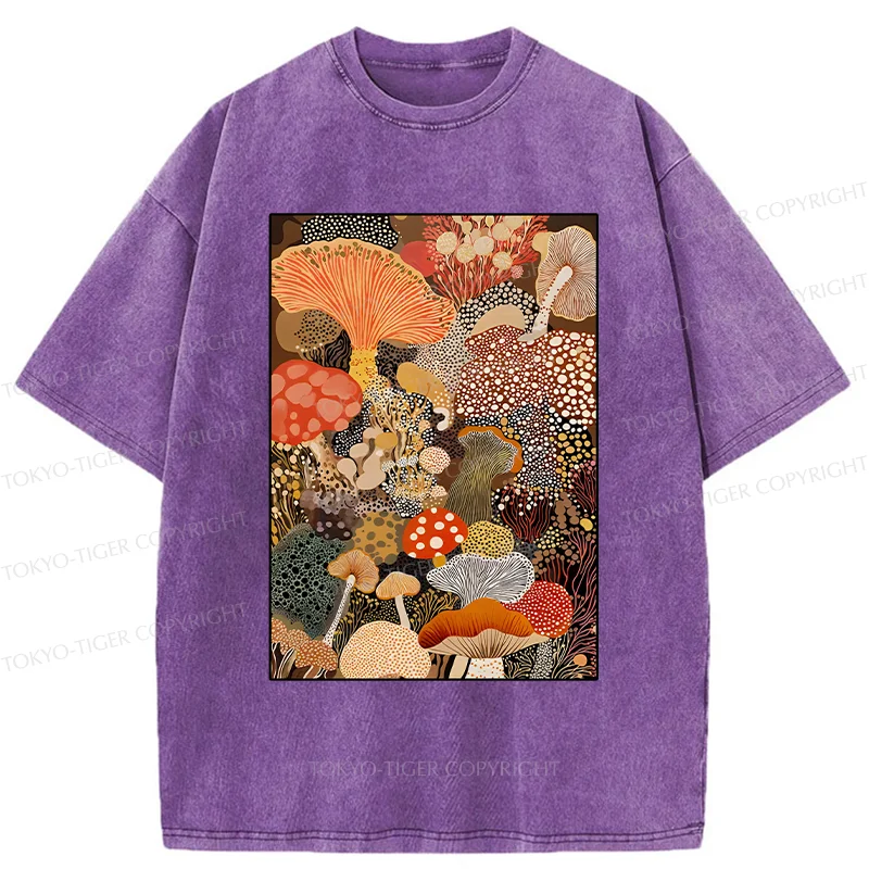 Tokyo-Tiger Psychedelic Mushroom Paintings Washed T-Shirt