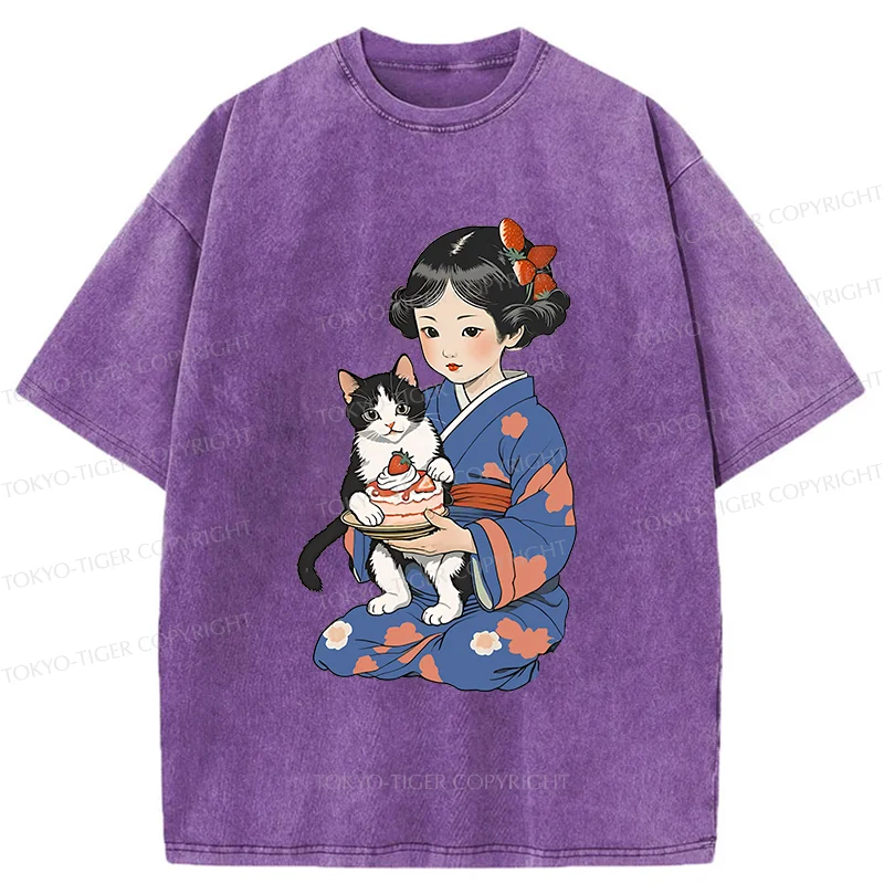Tokyo-Tiger Japanese Child Holding A Cat Washed T-Shirt