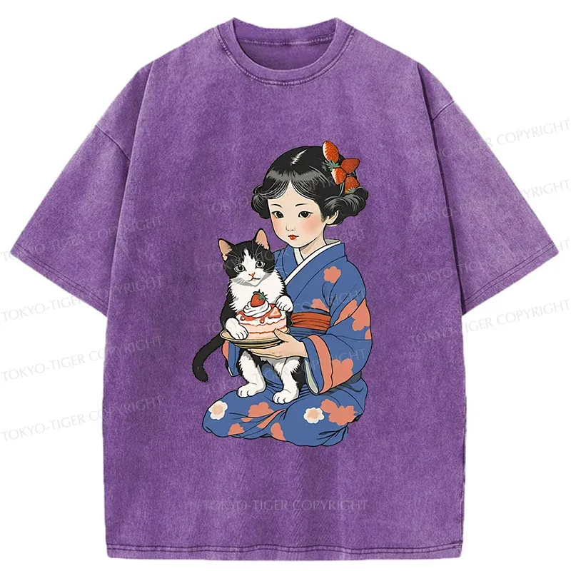 Tokyo-Tiger Japanese Child Holding A Cat Washed T-Shirt