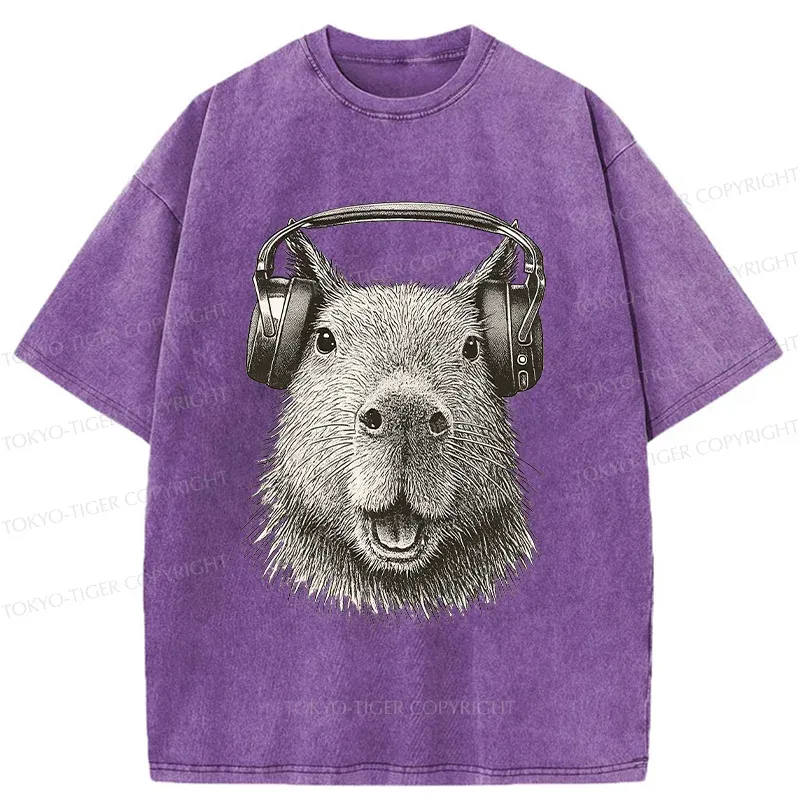 Tokyo-Tiger Capybara Listening To Music Washed T-Shirt
