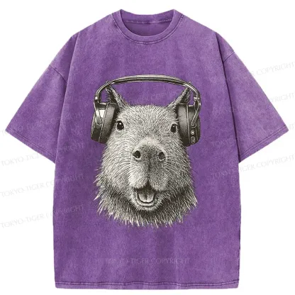 Tokyo-Tiger Capybara Listening To Music Washed T-Shirt
