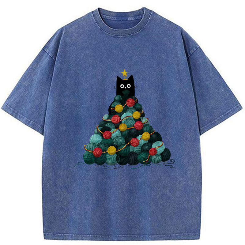 Tokyo-Tiger Yarn Christmas Tree Cat Washed T-Shirt