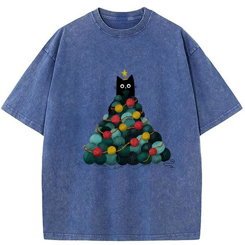 Tokyo-Tiger Yarn Christmas Tree Cat Washed T-Shirt